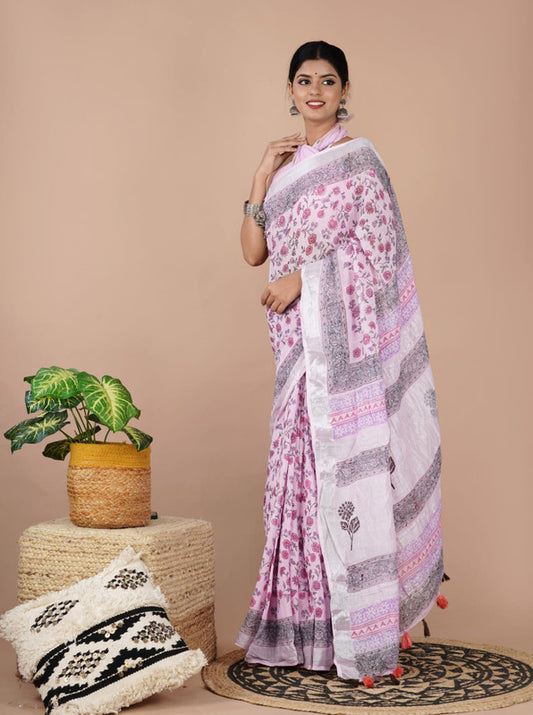 LINEN COTTON HAND PRINTED  SAREE WITH TAUSSAL