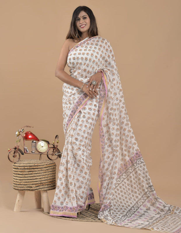 CHANDERI MIX COTTON BLOCK PRINTED SAREE