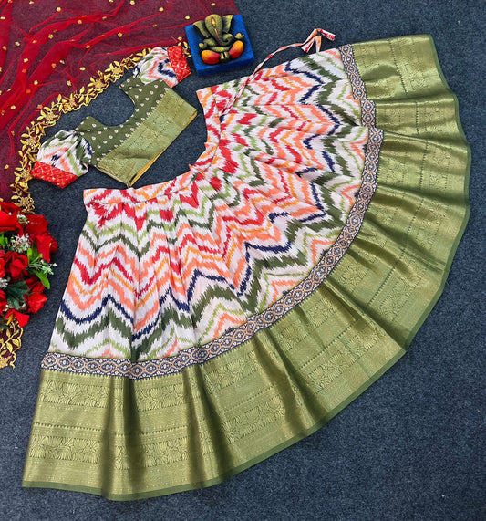 Pista Green & Multi Coloured Soft Silk with Designer Digital Print with Zari Girls Kids Lehenga Choli with Dupatta!!