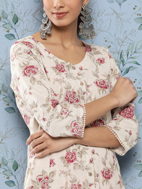 Off white Cotton Floral Printed A-line shape Kurti!!