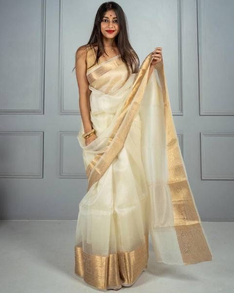 Cream & Gold Coloured Pure Soft Oranza Silk with Antique Real Zari & Rich Pallu Women Party wear Oranza Silk Saree with Blouse!!