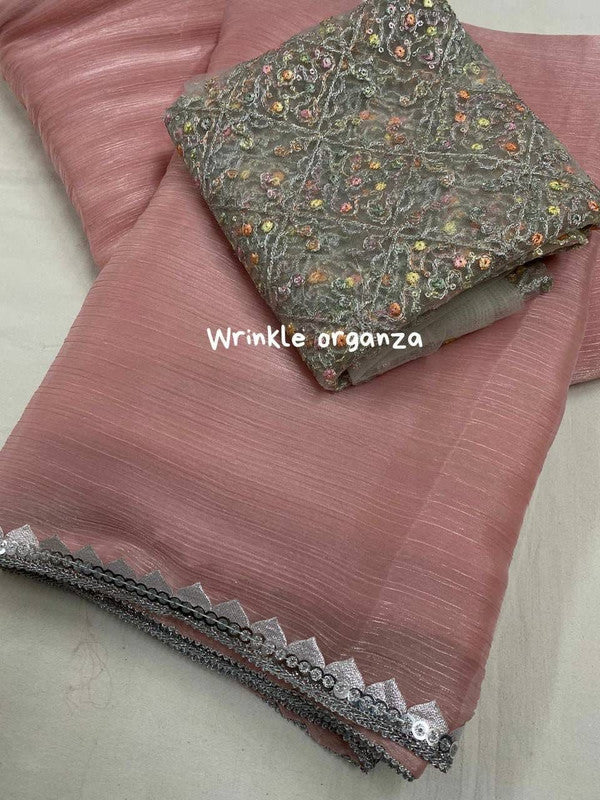 Dark Pink Coloured soft organza with woven wrinkle (crush style) Women Designer Party wear Fancy Saree with Soft Net Blouse!!