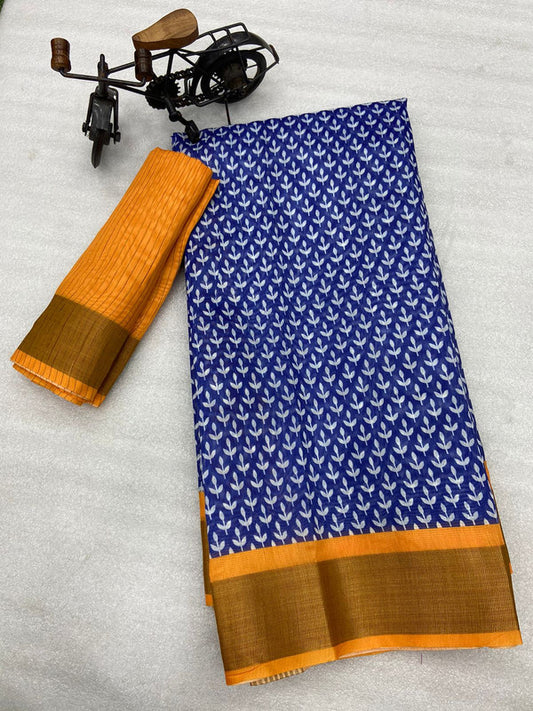 Blue & Multi Coloured Tussar Cotton with Digital Print with weaving Chit (lining) Pallu Women Designer Party /Daily wear Saree with Blouse!!