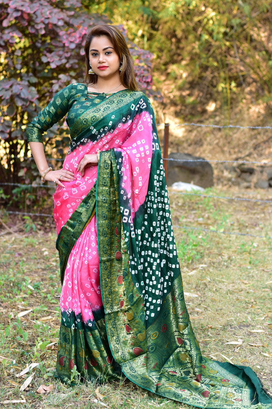 Pink & Green Coloured with Minakari & Bandhani Print Women Designer Party wear Kanjivaram Silk Saree with Blouse!!