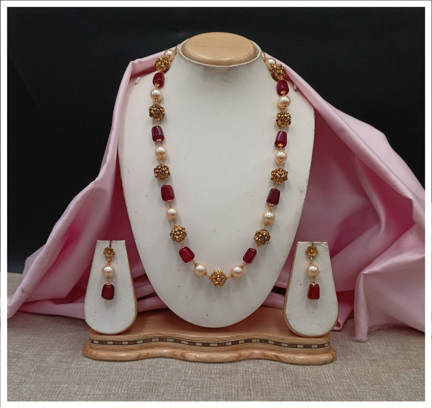 Gold & Maroon Coloured Pure Brass Real Kundan Gold Plating with Pearls Women Designer Brass Mala Long set with earrings!!