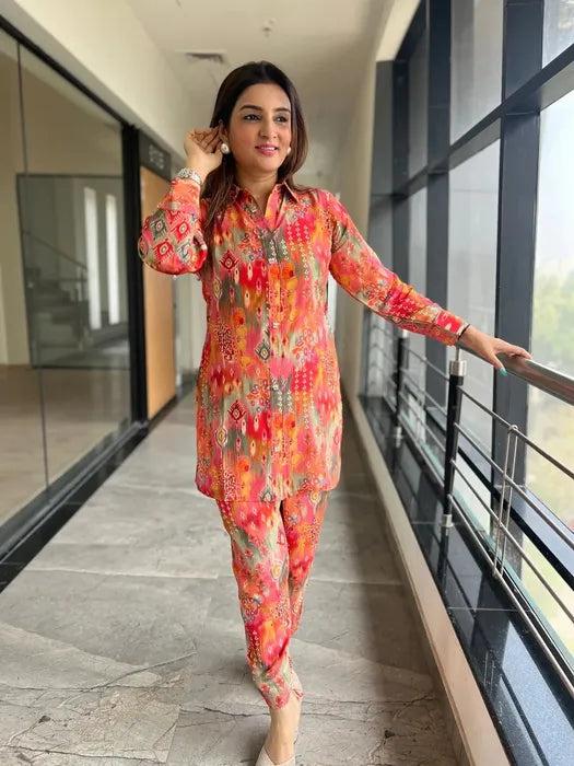 Orange & Multi Coloured Pure Cotton with Printed Collar Neck Full Sleeves Women Party/Daily wear Western Co-Ord Set of 2 Pcs!!