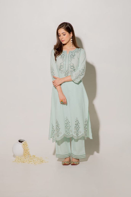 Full embroidered kurti with white pants-Roys3698