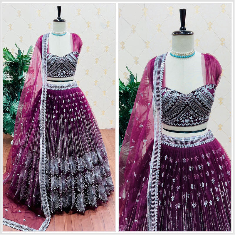 Wine Coloured Soft Butter Fly Net with Heavy Sequence Embroidery Work Woman Designer Party wear Lehenga Choli with Dupatta Set!!