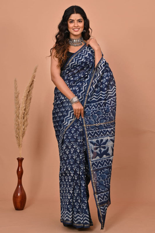 Navy Blue & Off White Coloured Hand Block Printed Women Designer Party wear Chanderi Cotton Silk Saree with Runnin Blouse!!