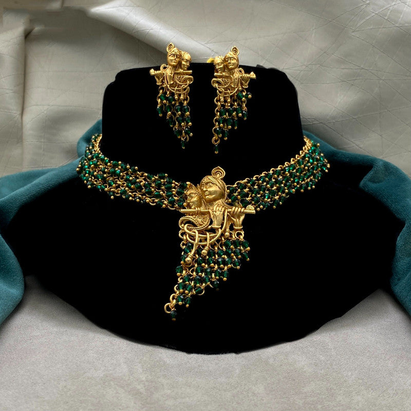 Beautiful Green & Gold Coloured Premium Quality Pure Brass Gold Plating Radha Krishna Designer Necklace Jewellery set with Earrings!!