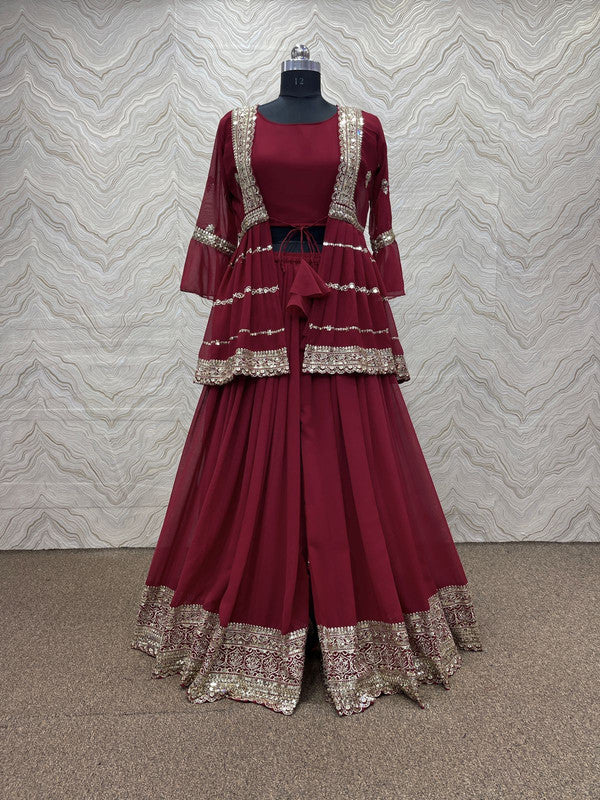 Maroon Coloured Faux Georgette with Embroidery & Fancy Ruffle Sleeve Women Designer Party wear Top with Palazzo & Choli!!