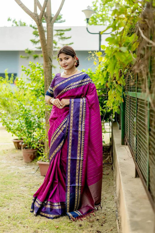 Dark Pink & Blue Coloured Exclusive Soft Raw Silk with Contrast Temple woven Border Women Party wear Soft Raw Silk Saree with Blouse!!