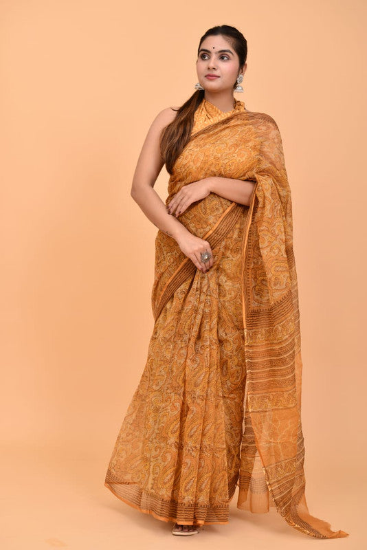 Mustard Yellow & Multi Coloured Kota Doria Cotton with Ajrakh Hand block Print Women Designer Party wear Kota Doria Cotton Saree with Blouse!!