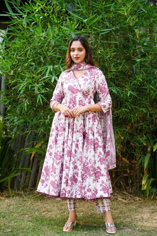 Pink & Multi Coloured Pure Cotton Floral Printed Women Fully Stitched Designer Party wear Anarkali Anghrakha Kurti with Pant & Dupatta!!