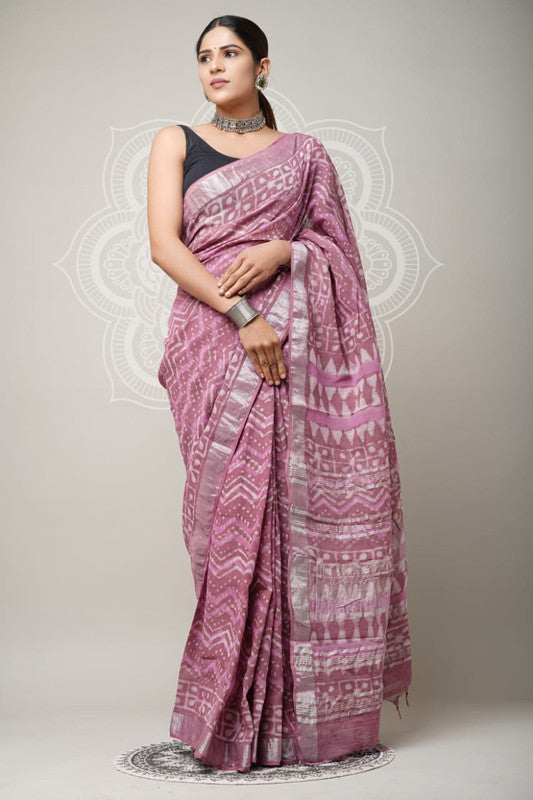 Pink & Multi Coloured Linen Cotton Beautiful Hand Block printed Women Daily/Party wear Saree with Blouse!!