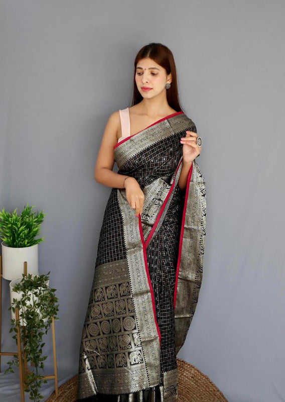 Navy Blue & Red Coloured Beautiful Shiny Checks with Rich Pallu and attractive Border Women Party wear Soft Silk Saree with Blouse!!