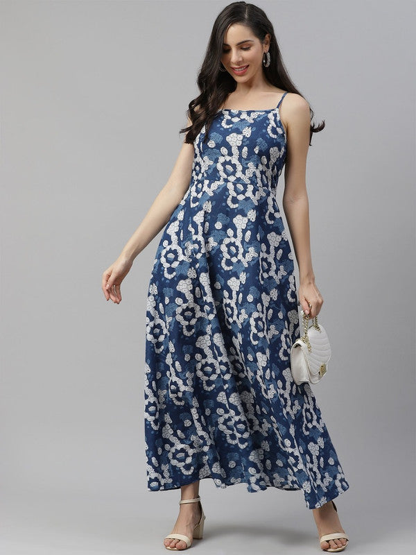 Blue & White Coloured Pure Cotton Flower Print Shoulder Straps Women Party/Daily wear Western Maxi Dress!!