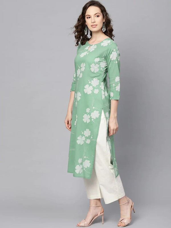 Green & White Coloured Pure Cotton with floral printed Women Designer Party wear Straight Line Kurti with Trousers!!