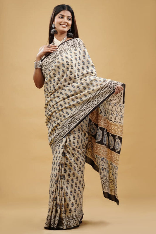 Beige & Black Coloured Beautiful Hand Block printed Women Daily/Party wear Pure Cotton Saree with Blouse!!