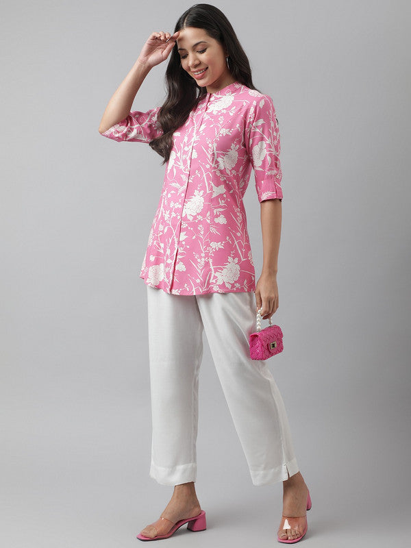Pink & White Coloured Premium Rayon Floral printed Mandarin Collar Roll-Up Sleeves Women Party/Daily wear Western A-line Shirt Style Top!!