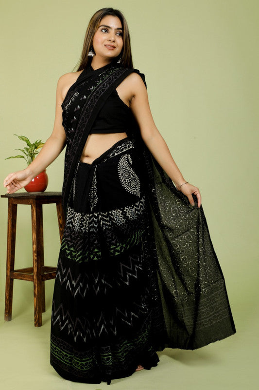 BEAUTIFUL BLACK HAND PRINTED MUL COTTON SAREE!!