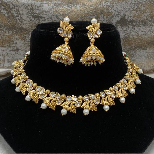 Gold & White Coloured Pure Brass Real Kundan Gold Plating with Pearls Women Choker set with Jhumka earrings!!