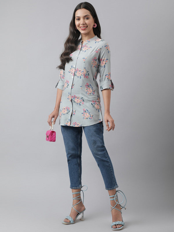 Grey & Pink Coloured Premium Rayon Floral Printed  Mandarin Collar Roll-Up Sleeves Women Party/Daily wear Western A-line Shirt Style Top!!