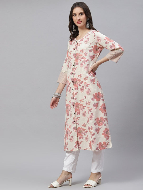 Cream-Coloured Linen Cotton Floral Printed Mandarin collar A-line Kurta!!