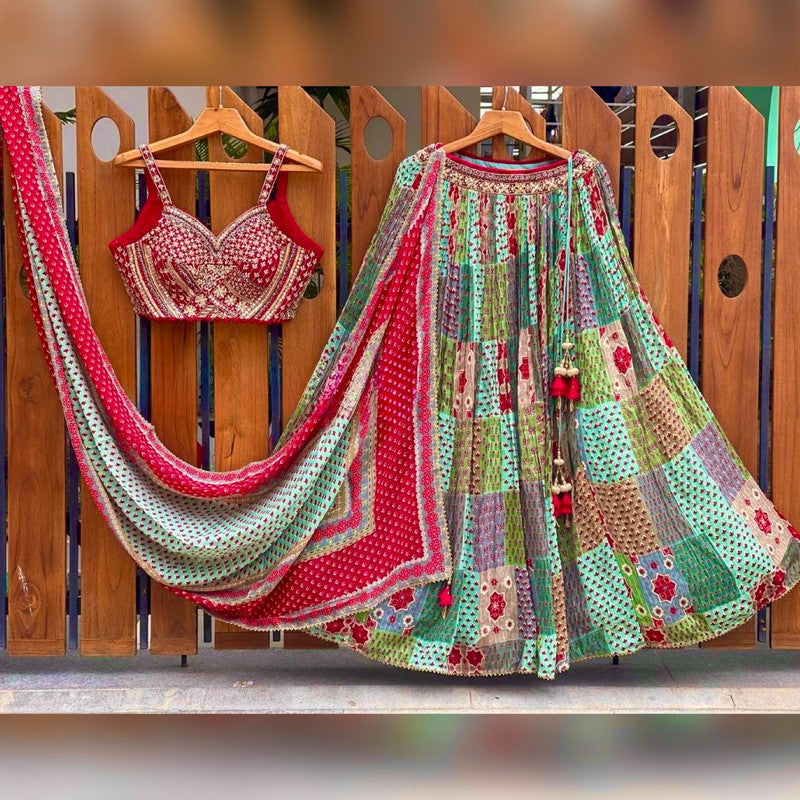 Multi Coloured Digital Print Faux Georgette & Malai Silk Designer Party wear Lehenga Choli with Dupatta!!