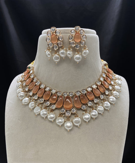Gold & Orange Coloured Pure Brass with Real Kundan & Pearls Women One Gram Gold Designer Necklace with Earrings!!