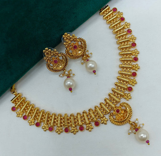 Gold & Maroon Coloured Pure Brass & Copper Beauitfully Crafted Women One Gram Gold Designer Necklace with Earrings!!