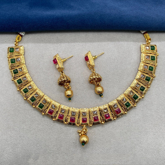 Gold & Multi Coloured Pure Brass Real Kundan Gold Plating with Pearls Women Necklace set with Jhumka earrings!!