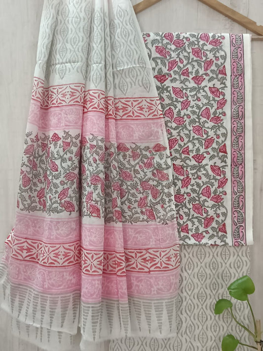 Grey & Multi Coloured Unstitched Pure Cotton Hand Block Printed Women Party/Daily wear Dress Material Suit- Top with Bottom & Cotton Dupatta!!