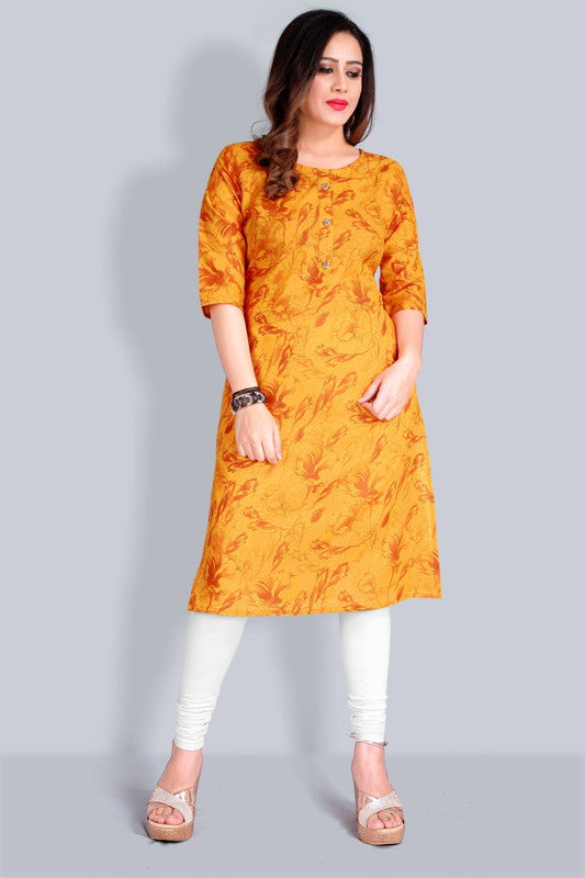 Mustard Yellow Coloured Premium Cotton Printed Round Neck 3/4 Sleeves Women Daily wear Beautiful Cotton Kurti!!