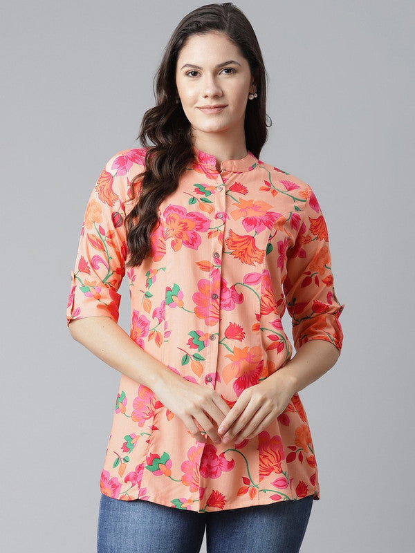 Peach-coloured and green regular shirt style top