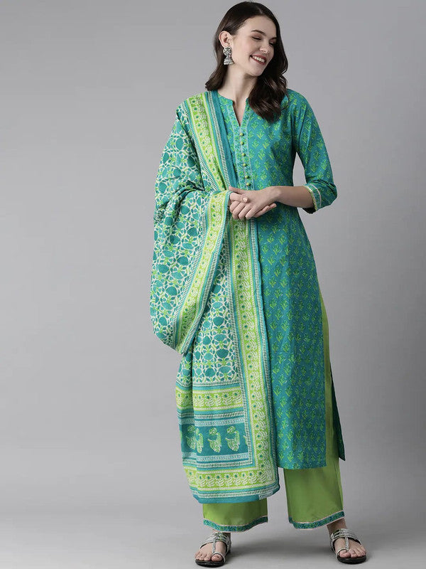 Blue & Green Coloured Pure Cotton with floral printed Women Designer Party wear Straight Line Kurti with palazzo pants & Dupatta!!