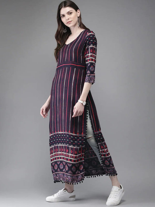 Navy Blue & Pink Coloured Pure Cotton with floral printed Women Designer Party wear Straight Line Kurti!!