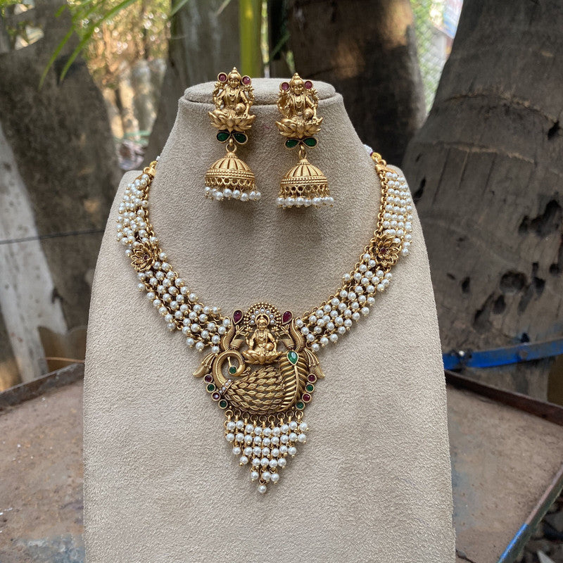 Beautiful Gold & White Coloured Premium Quality Pure Copper Rajwadi Plating Lakshmi on Peacock Necklace set with earrings for Women!!