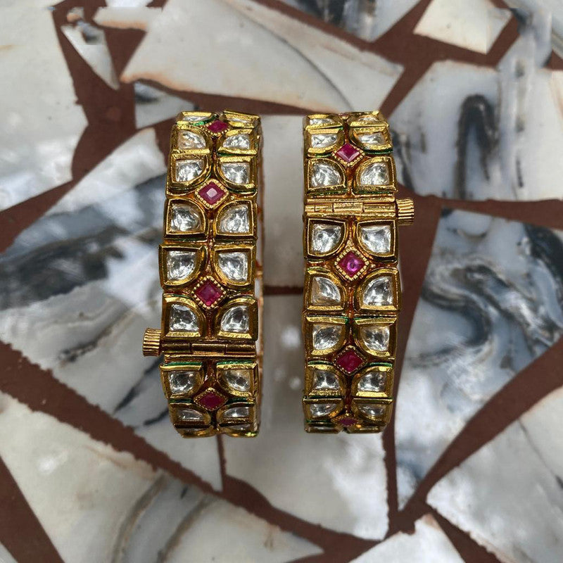 Gold & Multi Coloured Pure Brass Real Kundan Gold Plating Women Designer Set of 2 Openable Kada Bangles!!