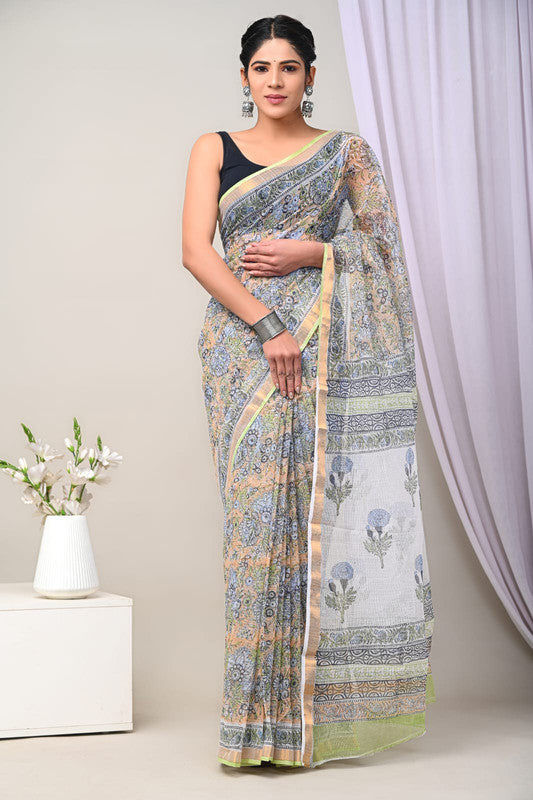 Light Green & Multi Coloured Kota Doriya Cotton Beautiful Hand Block printed Women Daily/Party wear Saree with Blouse!!