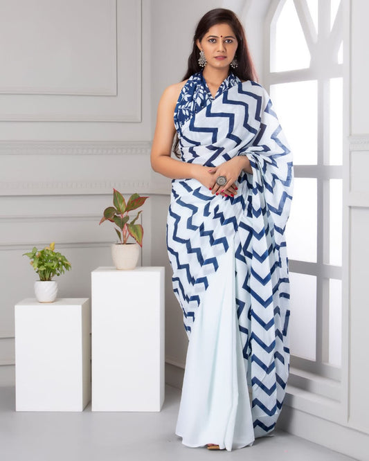 White & Blue Coloured Beautiful Hand Block printed Women Daily/Party wear Pure Mul Cotton Saree with Blouse!!