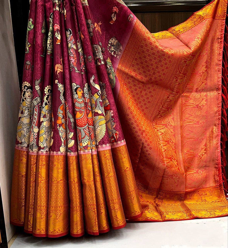 Magenta Coloured Kanjivaram Silk Zari weaving with Kalamkari Digital print & Rich Pallu Women Party wear Designer Silk Saree with Blouse!!