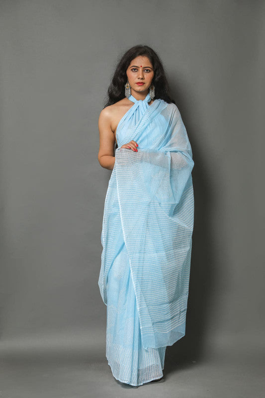 Blue Coloured Kota Doria Hand Block Printed Cotton Saree with Blouse!!