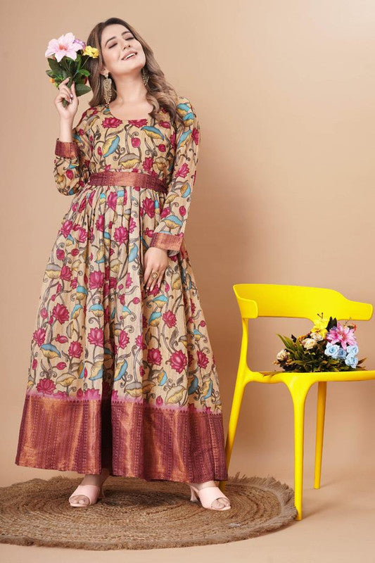 Beige & Pink Coloured Soft Cotton with Copper Border & Weaving Kalamkari Prints Women Ready to Wear Designer Party wear  Gown Kurti!!