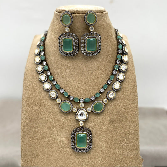 White & Pista Green Coloured Pure Brass with Real Kundan Women Gold Plated Designer Necklace with Earrings!!