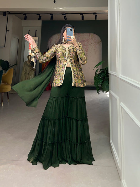 Mehendi Green & Multi Coloured Viscose Jacquard Silk with Weaving Work Women Designer Party/Casual wear Kurta with Palazzo & Dupatta!!