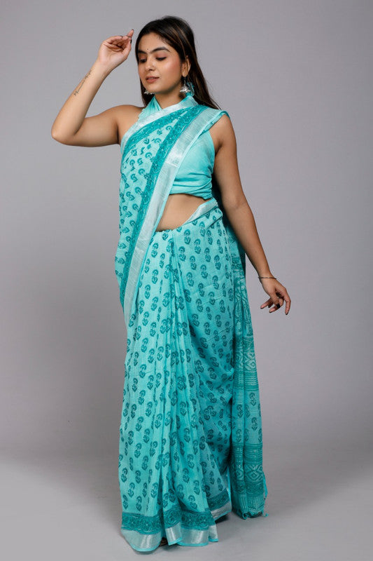 EXCLUSIVE HAND BLOCK  PRINTED LINEN SAREE!!