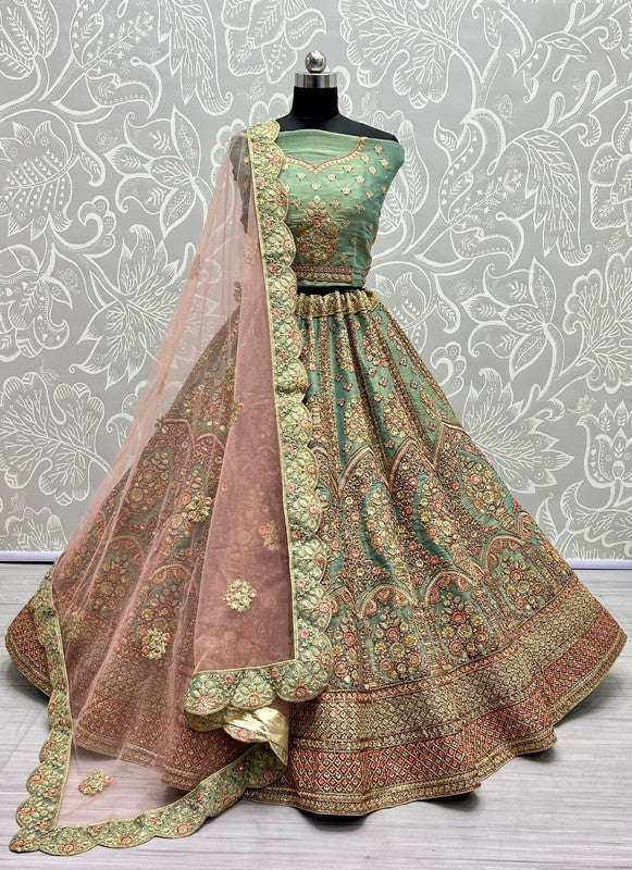 Pista Green Coloured Bridal Net Dori Embroidery with Zari work and Multi Thread Woman Designer Party wear Bridal Lehenga Choli with Dupatta Set!!