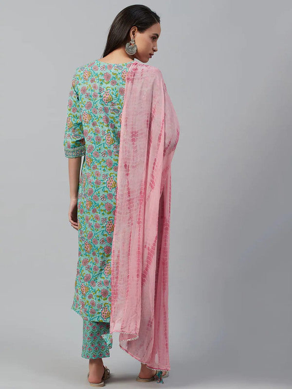 Green & Peach Coloured Pure Cotton with floral printed Women Designer Party wear Straight Line Kurti with palazzo pants & Dupatta!!