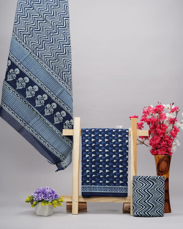 Blue Mul Cotton Hand Printed Dress Material with Salwar & Cotton Dupatta!!